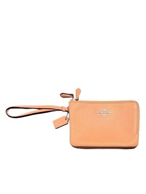 Coach Small Pebbled Leather Double Corner Zip Wristlet Peach Blush Pink